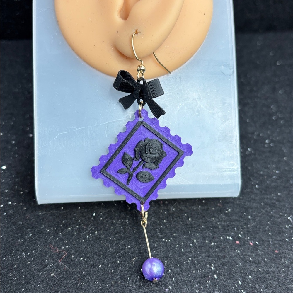 Purple & Black Rose Stamp Earrings with Bow & Pearl Drop - Picture 3 of 4